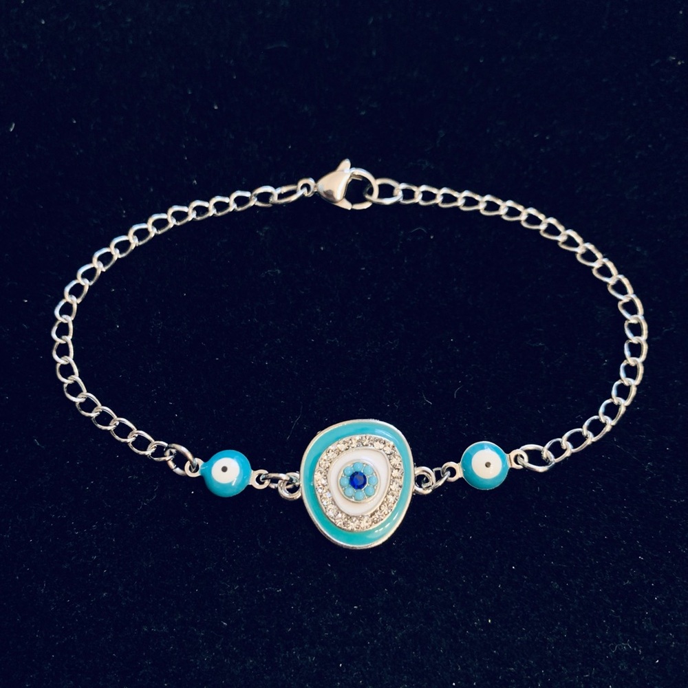 Aqua Blue Rhinestone Evil Eye bracelet or anklet